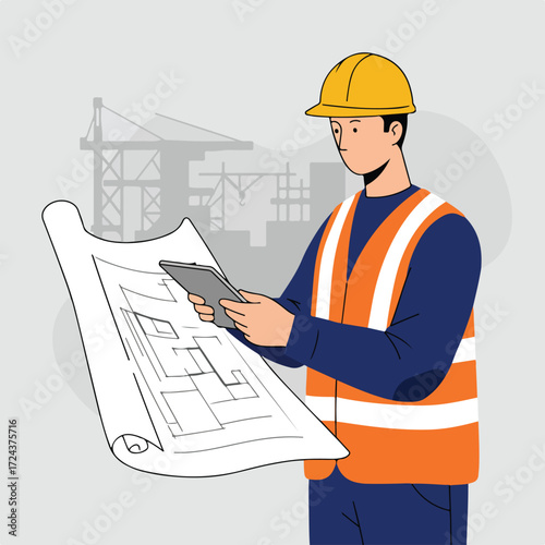 Architect examining blueprints on a construction site