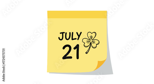 A stylized calendar illustration depicting July 21 with a clover, conveying dates and festive anticipation