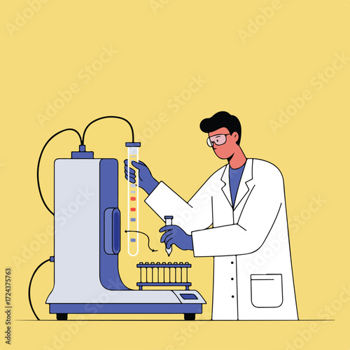 Scientist works with a lab machine and test tubes on yellow background
