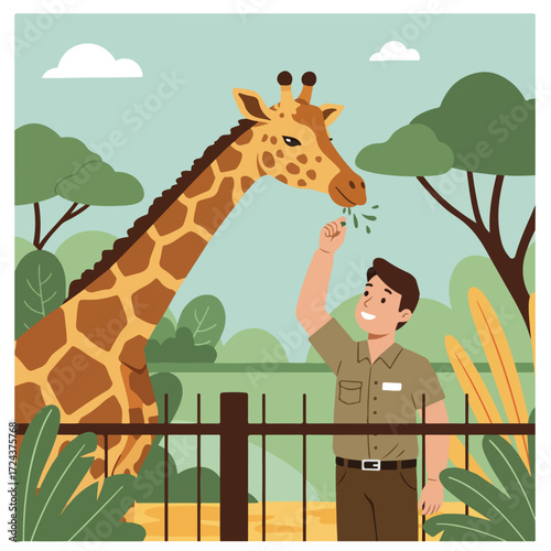 Zoo keeper feeds giraffe in enclosure; jungle and sky backdrop in illustration