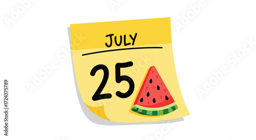 Illustration of July 25th on a yellow calendar page, depicting a slice of refreshing watermelon indicating summer season and its sweetness, freshness