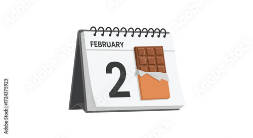 February second highlighted with chocolate bar on calendar icon denoting a special event or date reminding about the importance of chocolate