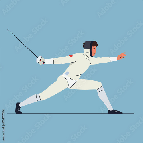 Fencer in white gear poses with foil, against a blue backdrop