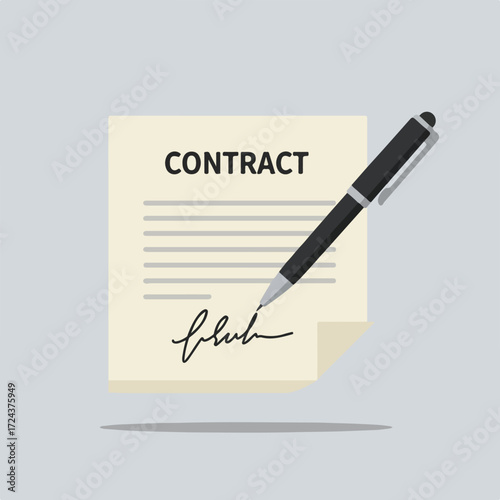 Signed contract paper sheet, "CONTRACT" , lines, signature, pen