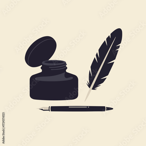 Stylized quill, inkwell with open lid and pen on a light background