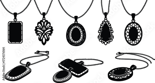 Elegant pendant necklace vector set with gemstone, teardrop, oval, and rectangular designs for fashion jewelry, accessories, retail, and illustration use