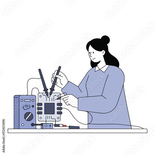 Engineer using tester probes on circuit board with multimeter on table