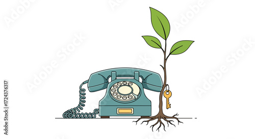 Nostalgic connectivity: a vintage telephone sprouting new life with a sapling and a symbolic key to future communication