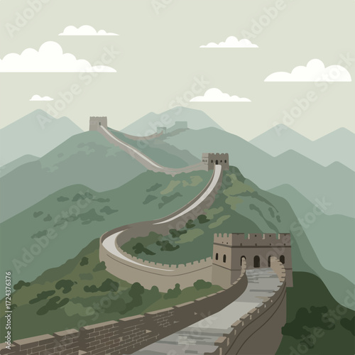 Winding Great Wall stretches through misty green mountains under a cloudy sky