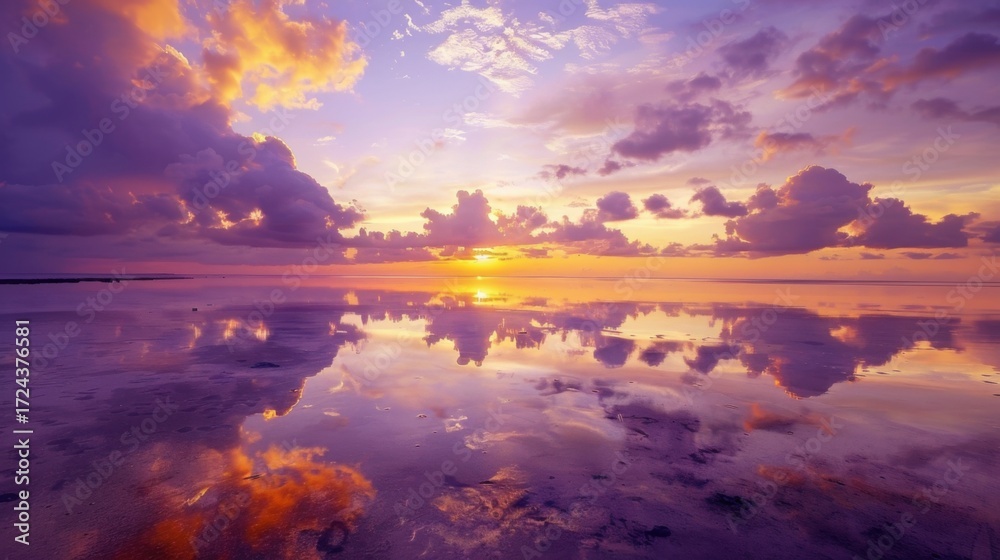 Fototapeta premium Tropical Sunset Water Landscapes: Sea/Ocean Waves, Orange Sky Reflections & Beach Dawn Views