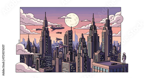 Retro-futuristic cityscape with sleek spaceships under a pastel sky and an astronaut contemplating from a rooftop vista