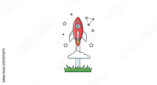 Whimsical journey: Cartoon rocket ascends among stars, grass, and clouds, signifying dreams and exploration on a grand scale
