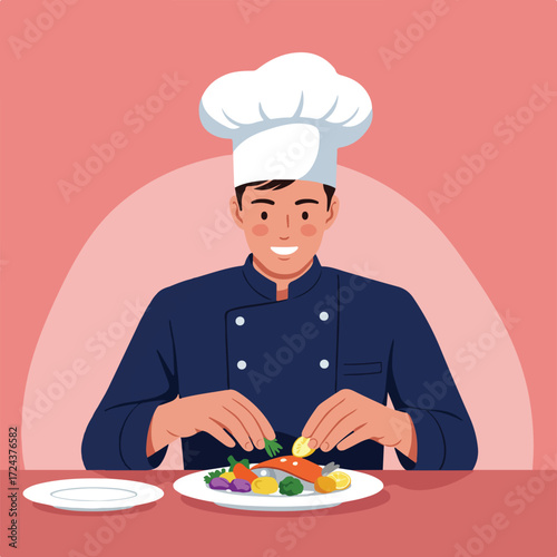 Chef plates salmon with colorful vegetables, wearing classic white hat