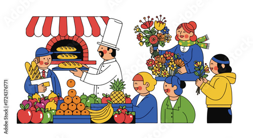 Vibrant illustration capturing the essence of local markets with fresh produce, baked goods, and beautiful floral arrangements