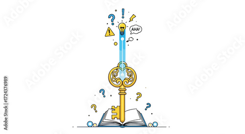 Unlocking knowledge golden key emerging from an open book leading to bright ideas and solution illumination representing education