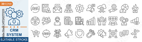 CRM SYSTEM Editable Icon set. Marketing, data, report, strategy, audience, manager, and more. Vector Illustration EPS 10
