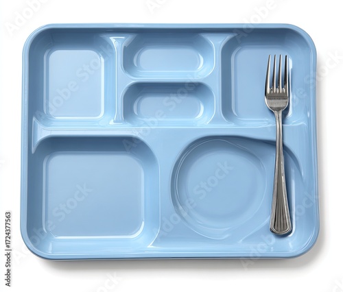 Empty light-blue school lunch tray with a metal fork