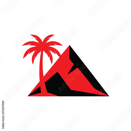 Desert Oasis Mountain Adventure Symbol. Bold graphic combining a vibrant palm with a strong black and crimson peak. It represents diverse travel, challenging exploration, and exotic discovery.