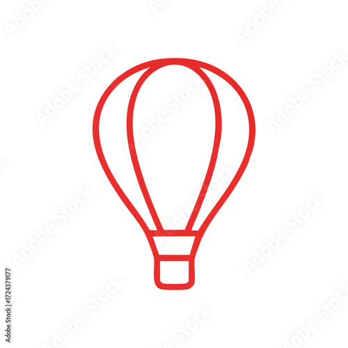 Red Hot Air Balloon Icon. A vibrant scarlet outline presents a classic aerial vessel, symbolizing exploration, ascent, and freedom. This minimalist graphic evokes journey.