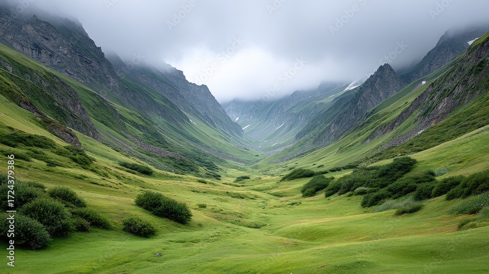 Obraz premium Dramatic Mountain Range with Fog Shrouded Peaks and Lush Green Valley Under Cloudy Sky