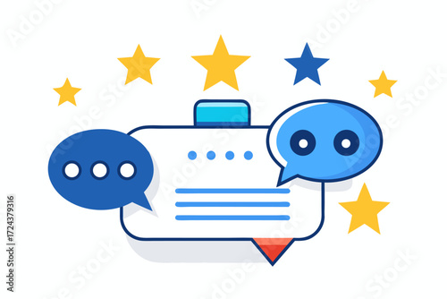 Vector flat illustration showing a man giving a star rating to an AI chatbot on a digital interface. Perfect for concepts related to customer feedback, online reviews, chatbot interaction, user satisf