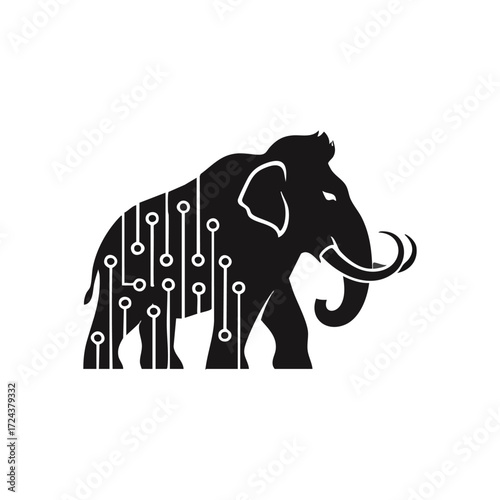 Digital Mammoth Computing Concept. This bold artwork merges primeval strength with modern intellect. It represents massive data processing, enduring innovation, and electronic power.