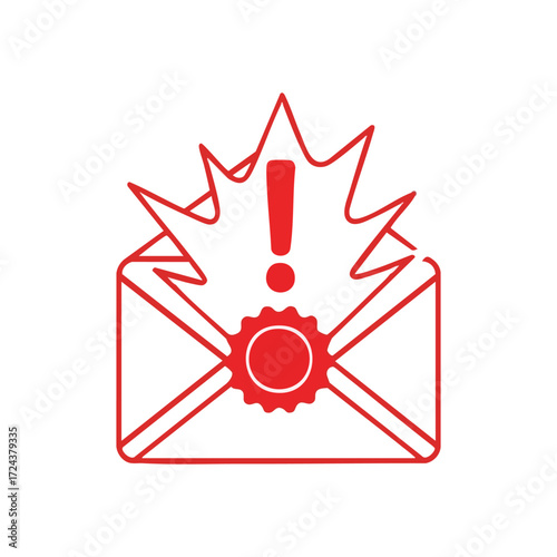 Important Mail Alert Symbol. Vibrant red icon showing a bursting notification from an open message with a cogwheel, symbolizing a critical update, error, or privacy concern requiring prompt action.