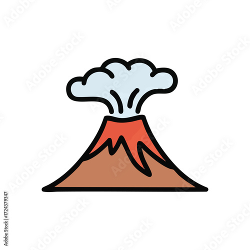 Fiery Volcano Eruption Illustration. Vivid drawing of an active mountain releasing a thick vapor cloud. It conveys nature's raw force, explosive energy, and dynamic geological processes.