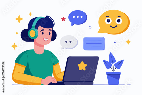 Vector flat illustration showing a man giving a star rating to an AI chatbot on a digital interface. Perfect for concepts related to customer feedback, online reviews, chatbot interaction, user satisf