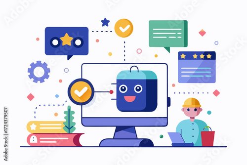 Vector flat illustration showing a man giving a star rating to an AI chatbot on a digital interface. Perfect for concepts related to customer feedback, online reviews, chatbot interaction, user satisf