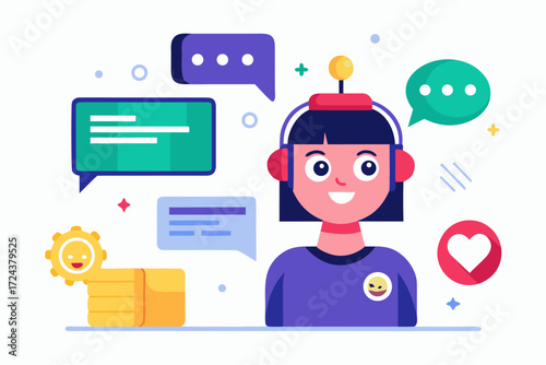 Vector flat illustration showing a man giving a star rating to an AI chatbot on a digital interface. Perfect for concepts related to customer feedback, online reviews, chatbot interaction, user satisf