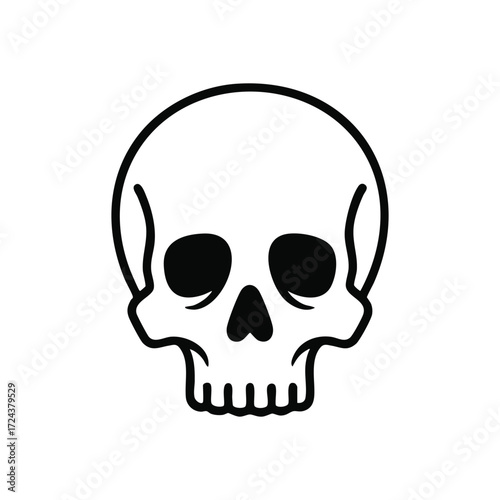 White Skull Icon Symbol. A graphic representation of a cranium on a dark backdrop, conveying concepts of mortality, danger, and Halloween spirit. Simple human skeleton artwork.