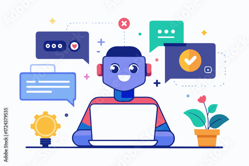 Vector flat illustration showing a man giving a star rating to an AI chatbot on a digital interface. Perfect for concepts related to customer feedback, online reviews, chatbot interaction, user satisf