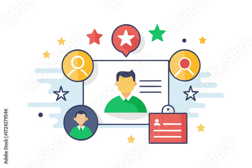 Vector flat illustration showing a man giving a star rating to an AI chatbot on a digital interface. Perfect for concepts related to customer feedback, online reviews, chatbot interaction, user satisf