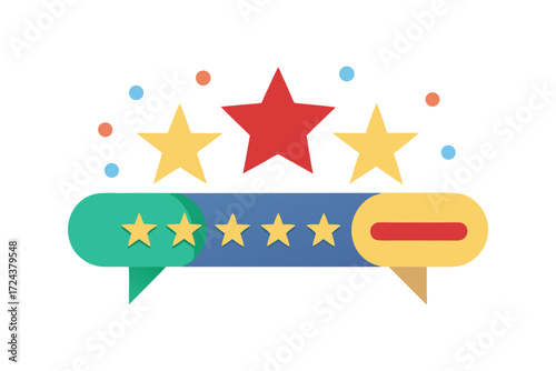 Vector flat illustration showing a man giving a star rating to an AI chatbot on a digital interface. Perfect for concepts related to customer feedback, online reviews, chatbot interaction, user satisf
