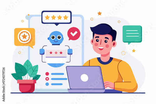 Vector flat illustration showing a man giving a star rating to an AI chatbot on a digital interface. Perfect for concepts related to customer feedback, online reviews, chatbot interaction, user satisf