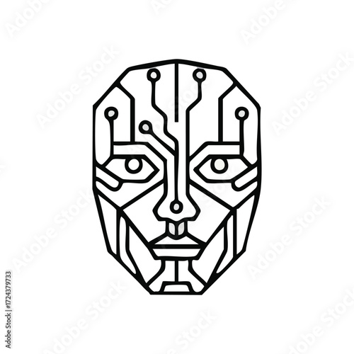 Futuristic AI Circuit Face Design. Monochrome geometric depiction of a human visage, incorporating electronic pathways. This design embodies artificial intelligence, future technology, and digital.
