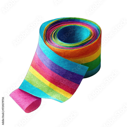 Rolled, colorful ribbon with a rainbow pattern