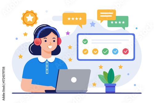 Vector flat illustration showing a man giving a star rating to an AI chatbot on a digital interface. Perfect for concepts related to customer feedback, online reviews, chatbot interaction, user satisf