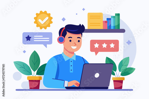 Vector flat illustration showing a man giving a star rating to an AI chatbot on a digital interface. Perfect for concepts related to customer feedback, online reviews, chatbot interaction, user satisf