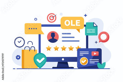 Vector flat illustration showing a man giving a star rating to an AI chatbot on a digital interface. Perfect for concepts related to customer feedback, online reviews, chatbot interaction, user satisf