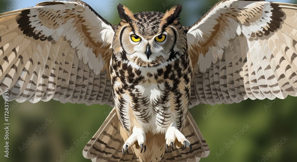Fototapeta premium Majestic Great Horned Owl in Flight, Wings Spread Wide, Intense Gaze.