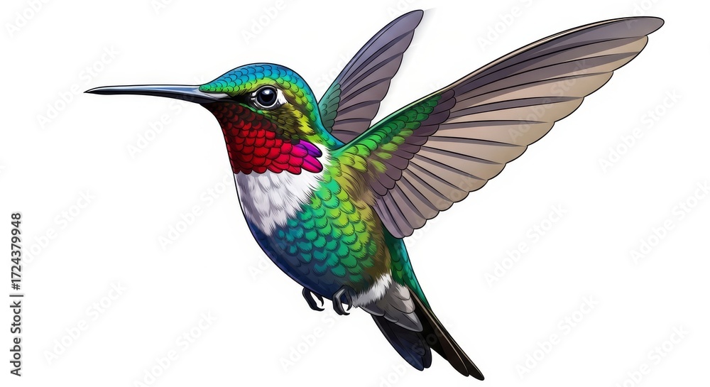 Obraz premium Vibrant Ruby-Throated Hummingbird in Flight, Detailed Illustration on White Background.