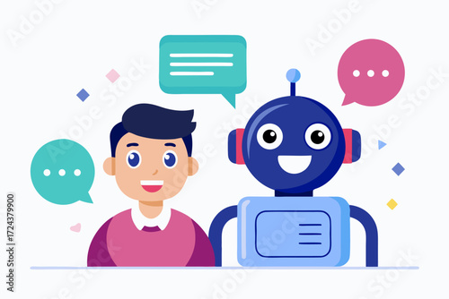 Vector flat illustration showing a man giving a star rating to an AI chatbot on a digital interface. Perfect for concepts related to customer feedback, online reviews, chatbot interaction, user satisf