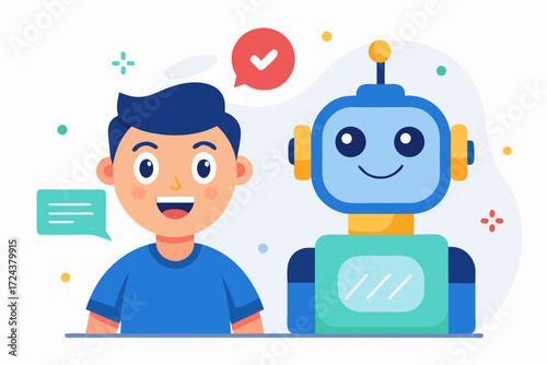 Vector flat illustration showing a man giving a star rating to an AI chatbot on a digital interface. Perfect for concepts related to customer feedback, online reviews, chatbot interaction, user satisf