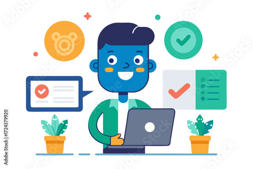 Vector flat illustration showing a man giving a star rating to an AI chatbot on a digital interface. Perfect for concepts related to customer feedback, online reviews, chatbot interaction, user satisf