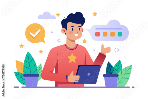 Vector flat illustration showing a man giving a star rating to an AI chatbot on a digital interface. Perfect for concepts related to customer feedback, online reviews, chatbot interaction, user satisf