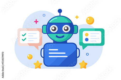 Vector flat illustration showing a man giving a star rating to an AI chatbot on a digital interface. Perfect for concepts related to customer feedback, online reviews, chatbot interaction, user satisf