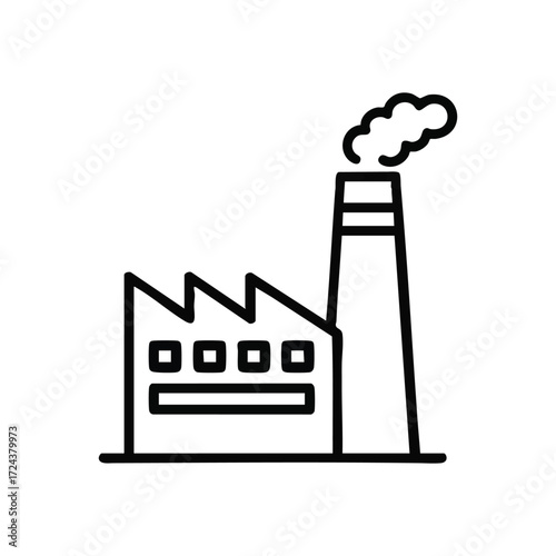 Industrial Factory Building Icon. Outline illustration of a manufacturing plant emitting smoke. Represents production, economic activity, and potential environmental impact.