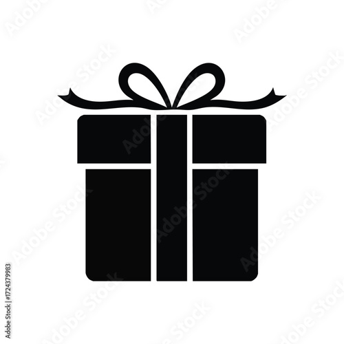 Elegant Black Gift Box Icon. A sleek silhouette of a wrapped item, representing generosity and festive occasions. This graphic conveys joy, appreciation, and celebratory moments.